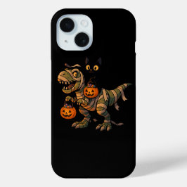 黒猫に乗られたミイラのティラノサウルス – かわいいハロウィーンの恐竜 iPhone 15ケース