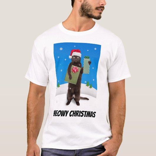 黒猫に贈り物を贈る人なら誰でもメリークリスマス Tシャツ (正面)