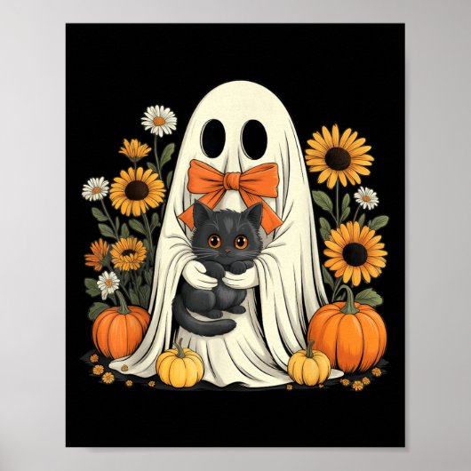 黒猫のいるかわいいおばけのハロウィンパンプキン ポスター (正面)