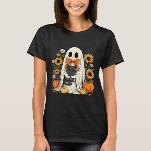 黒猫のいる可愛いハロウィンのカボチャのお化け Tシャツ (正面)