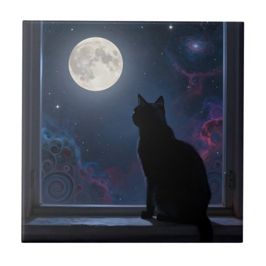 黒猫のいる満月の銀河の窓辺の風景 タイル (正面)