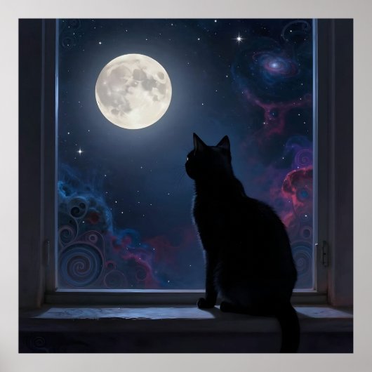 黒猫のいる満月の銀河の窓辺の風景 ポスター (正面)