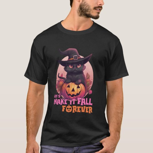 黒猫のかぼちゃが永遠に落ちる満月H Tシャツ (正面)