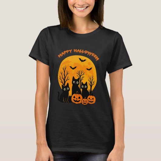 黒猫のかぼちゃの月のこうもり ハッピーハロウィン 子猫 Tシャツ (正面)