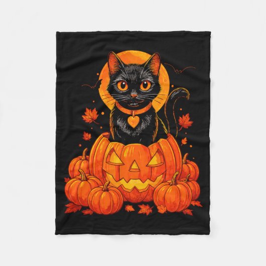黒猫のかぼちゃの月 ハロウィン 秋 紅葉 フリースブランケット (正面)