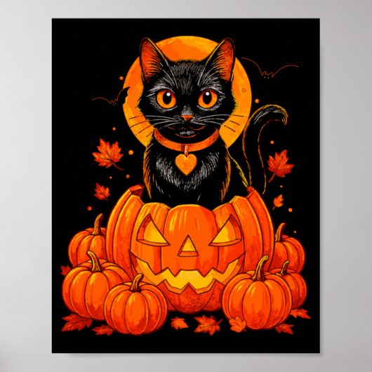 黒猫のかぼちゃの月 ハロウィン 秋 紅葉 ポスター (正面)