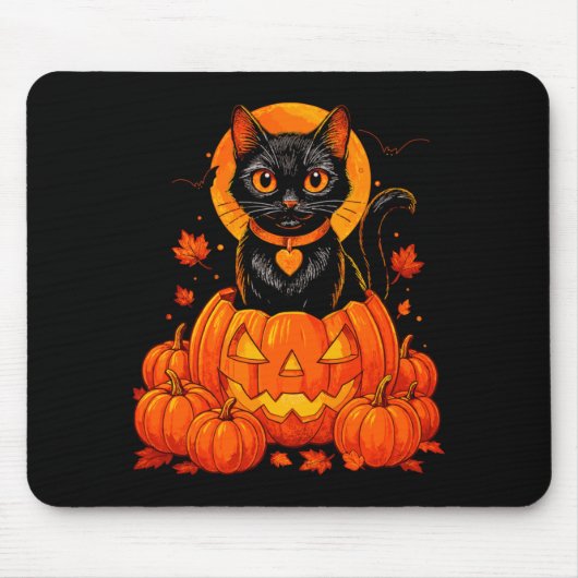 黒猫のかぼちゃの月 ハロウィン 秋 紅葉 マウスパッド (正面)