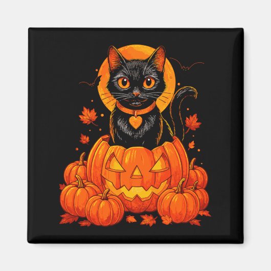 黒猫のかぼちゃの月 ハロウィン 秋 紅葉 マグネット (正面)