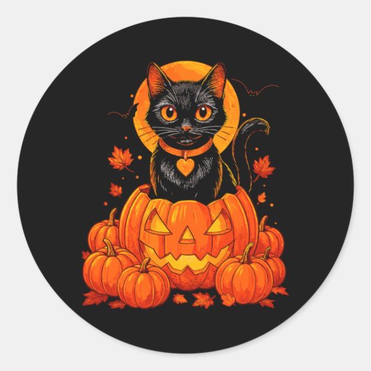 黒猫のかぼちゃの月 ハロウィン 秋 紅葉 ラウンドシール (正面)