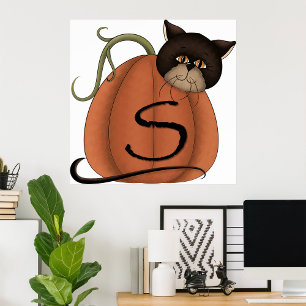 黒猫のかぼちゃ　ハロウィン　イニシャルS ポスター