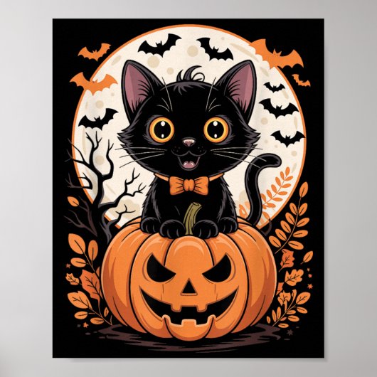 黒猫のかぼちゃ ハロウィン コスチューム 秋 ポスター (正面)