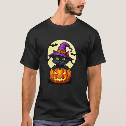 黒猫のかぼちゃ ハロウィン コスチューム 秋 紅葉 Tシャツ (正面)