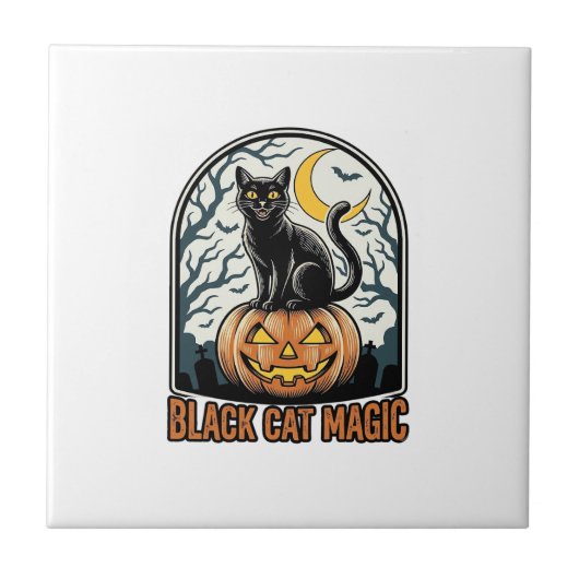 黒猫のかぼちゃ ヴィンテージ ハロウィン 彫刻_1 タイル (正面)