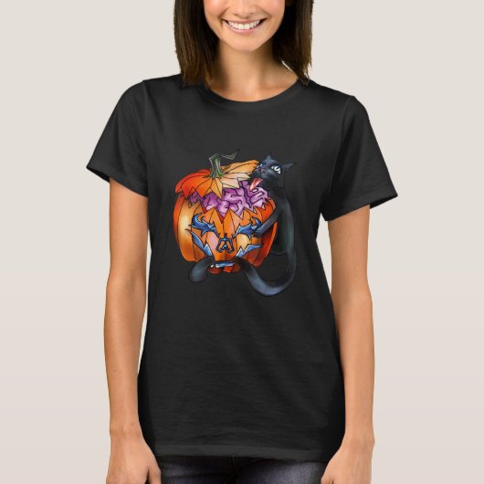 黒猫のかぼちゃ 怖い猫 ハロウィン Tシャツ (正面)