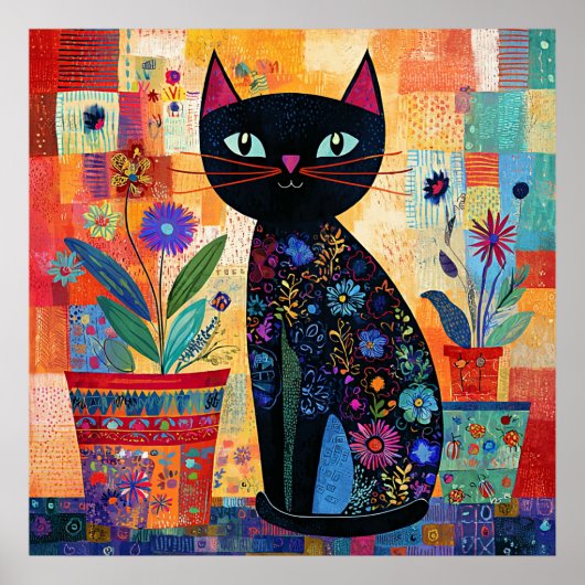 黒猫のかわいいカラフルな芸術作品、 ポスター (正面)