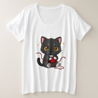黒猫のちびキャラデザイン プラスサイズTシャツ