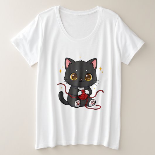 黒猫のちびキャラデザイン プラスサイズTシャツ (デザイン正面)