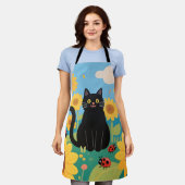 黒猫のひまわりとてんとう虫 エプロン (着用した状態)