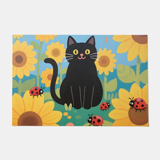 黒猫のひまわりとてんとう虫 ドアマット (正面)