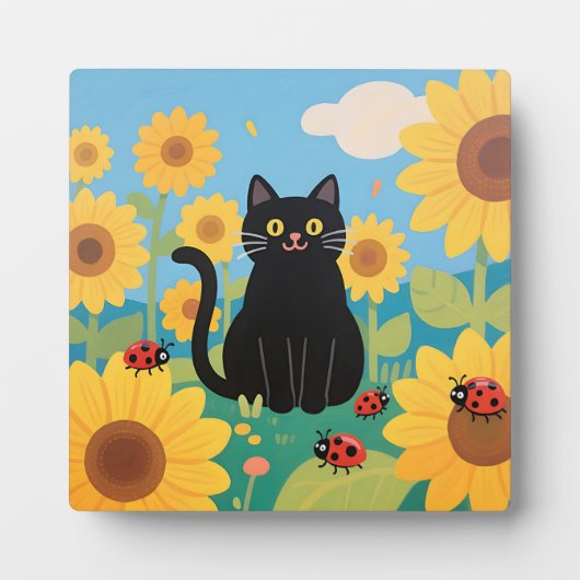 黒猫のひまわりとてんとう虫 フォトプラーク (正面)