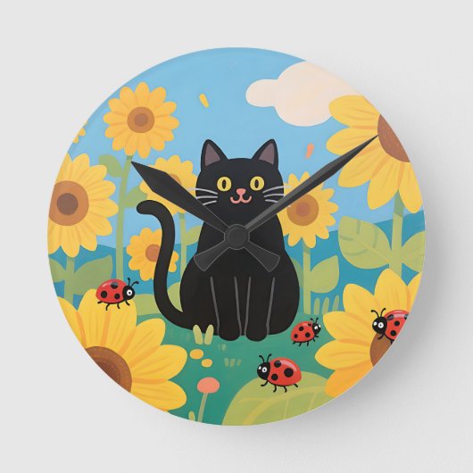 黒猫のひまわりとてんとう虫 ラウンド壁時計 (正面)