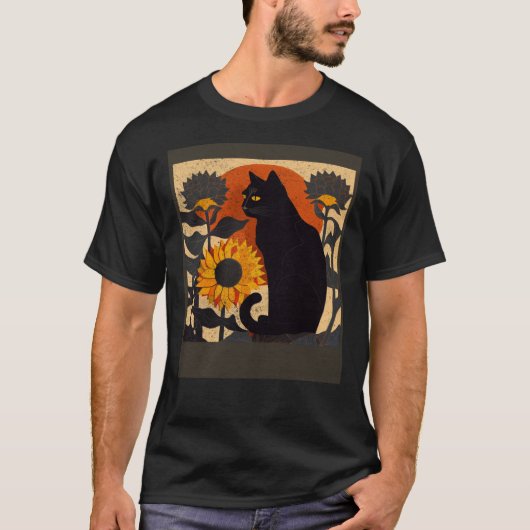 黒猫のひまわり授乳 Tシャツ (正面)