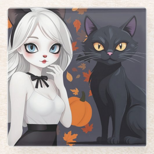 黒猫のアニメ女性。 ガラスコースター (正面)