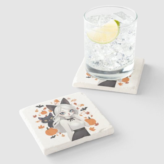 黒猫のアニメ女性。 ストーンコースター (横)