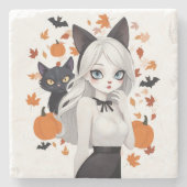 黒猫のアニメ女性。 ストーンコースター (正面)
