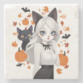 黒猫のアニメ女性。 ストーンコースター