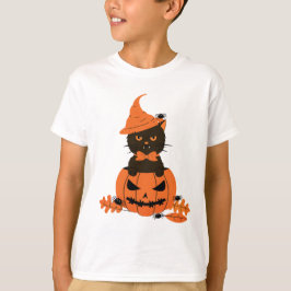 黒猫のカボチャ入りハロウィーン Tシャツ