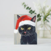 黒猫のクリスマスの絵サンタ帽子 シーズンポストカード (スタンド正面)