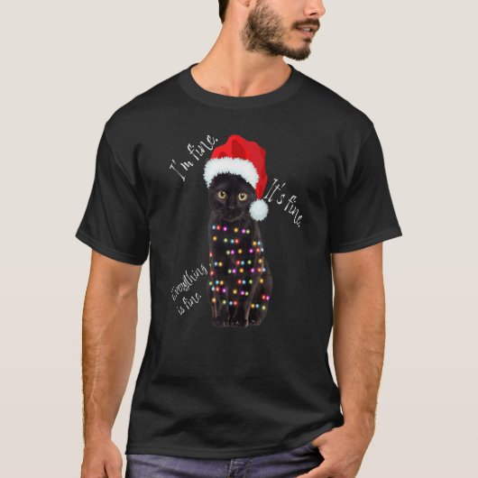黒猫のクリスマスイルミネーション 私大丈夫です 大丈夫です Tシャツ (正面)