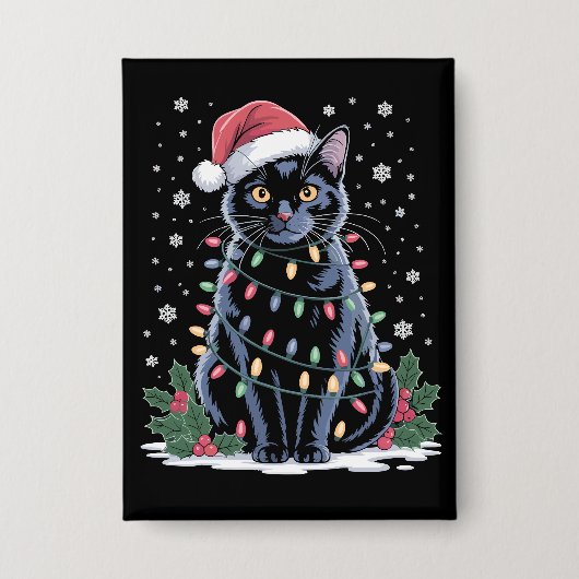 黒猫のクリスマスサンタ帽子 楽しい猫たち  缶バッジ (正面)