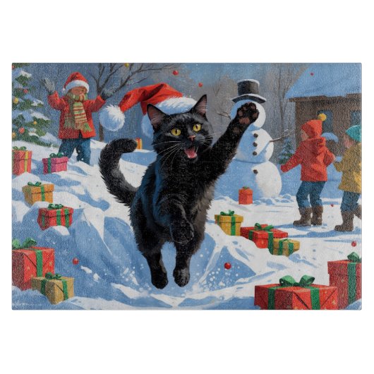 黒猫のクリスマススノーシーン カッティングボード (正面)