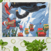 黒猫のクリスマススノーシーン キッチンタオル (折り畳み)