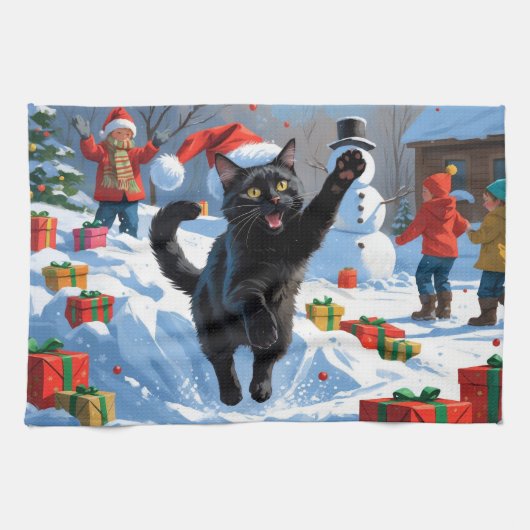 黒猫のクリスマススノーシーン キッチンタオル (横)