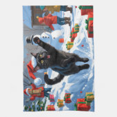 黒猫のクリスマススノーシーン キッチンタオル (縦)