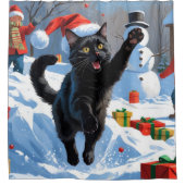黒猫のクリスマススノーシーン シャワーカーテン (正面)