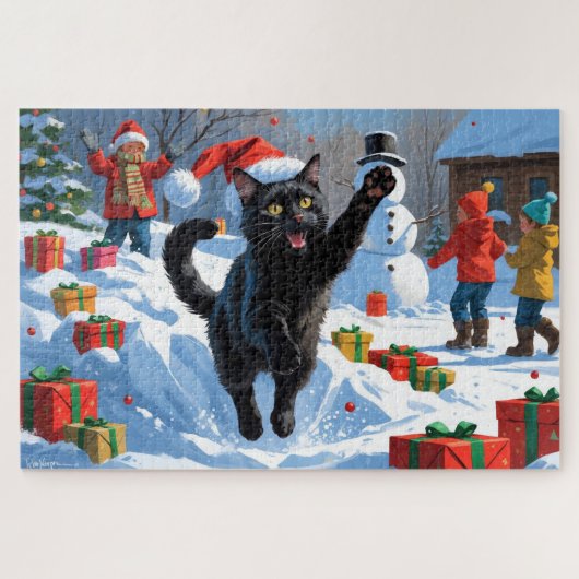 黒猫のクリスマススノーシーン ジグソーパズル (横)