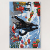 黒猫のクリスマススノーシーン ジグソーパズル (縦)