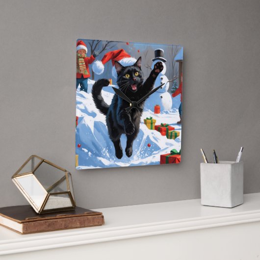 黒猫のクリスマススノーシーン スクエア壁時計 (オフィス)