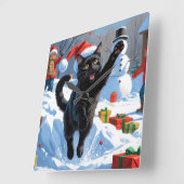黒猫のクリスマススノーシーン スクエア壁時計 (傾斜)