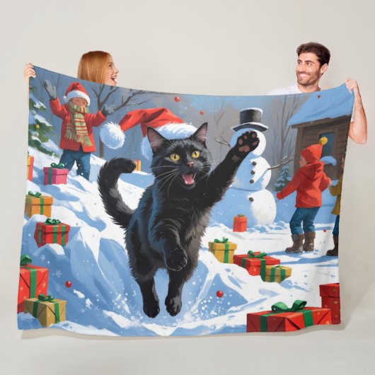 黒猫のクリスマススノーシーン フリースブランケット (インサイチュ)
