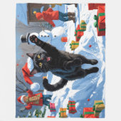 黒猫のクリスマススノーシーン フリースブランケット (正面)