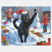 黒猫のクリスマススノーシーン フリースブランケット (正面(横))