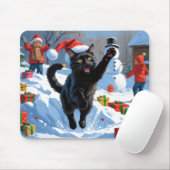 黒猫のクリスマススノーシーン マウスパッド (マウス)