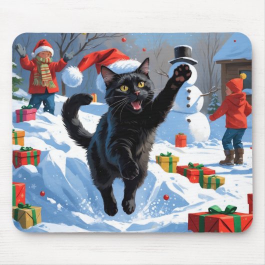 黒猫のクリスマススノーシーン マウスパッド (正面)
