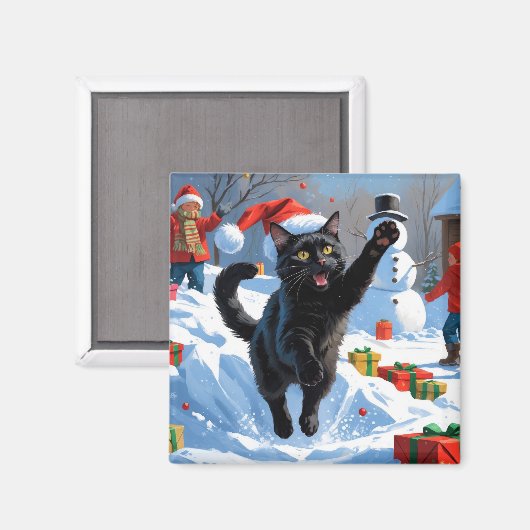 黒猫のクリスマススノーシーン マグネット (正面/裏面)