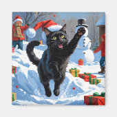 黒猫のクリスマススノーシーン マグネット (正面)